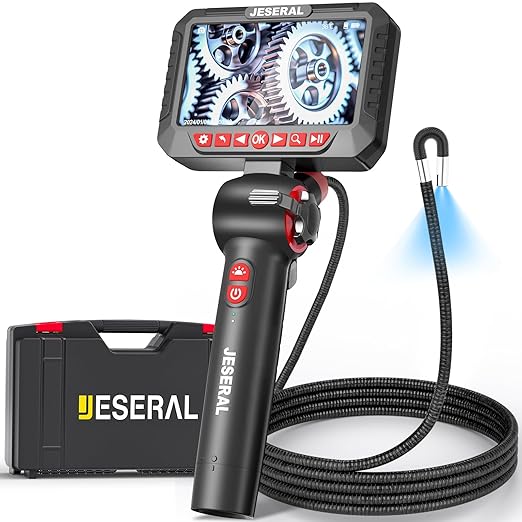 Articulating Borescope Camera - JESERAL 5" HD 1080P Inspection Camera Screen with 6 Led Light, Endoscope with 6.2mm Len IP67 Waterproof Probe, 3X Zoom Borescope with Semi-Rigid 5FT Cable for Mechanic