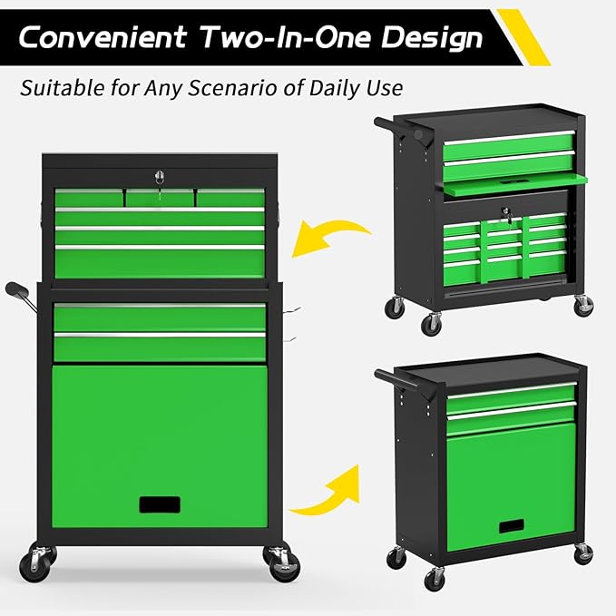On Shine 8 Drawer Rolling Tool Chest, Large Capacity Rolling Tool Box with Wheels, Locking Mechanical Tool Chest, Portable Tool Box with Sliding Drawers,Metal Tool Box for Garage Workshop（Black Green）
