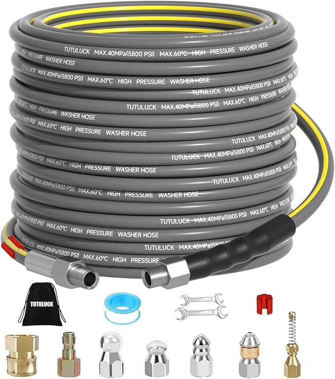 Sewer Jetter Kit for Pressure Washer 100FT, Drain Cleaner Hose 5800PSI 1/4 Inch NPT Corner with Sewer Cleaning Tool High Pressure Nozzle and Spanner Waterproof Tape