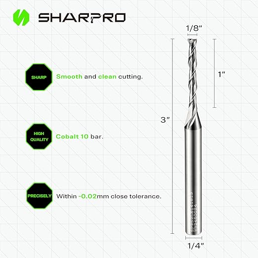Extra Long Spiral Upcut Router Bit 1/4 Inch Shank 1/8 Inch Cutting Dia. 1 Inch CL. 3 Inch OVL. Solid Carbide Upcut CNC Router Bit for Wood Cutting, Engraving and Plunging Applications (5PCS)