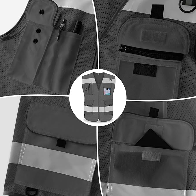 TCCFCCT Mesh Safety Vest for Men Women 9 Pockets High Visibility Reflective Vest for Safety, Work Vest with Reflective Strips, Meets ANSI/ISEA Standards, (Grey, X-Large)