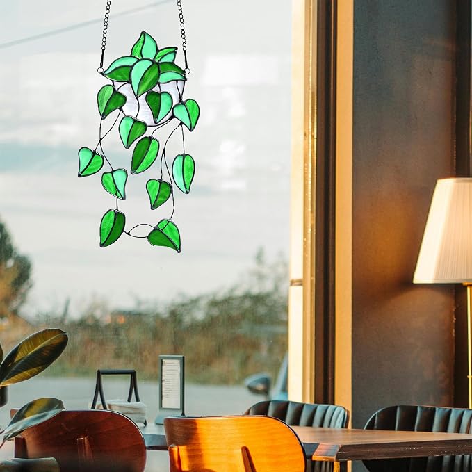 Green Faux Plants Stained Glass Window Hanging Suncatcher, Artificial Plants - Image 5