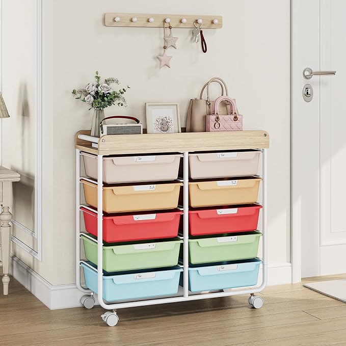 10 Drawers Rolling Cart with Wooden Tabletop, Utility Storage Cart with Wheels - Image 7
