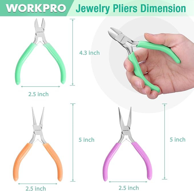 WORKPRO Jewelry Pliers Set, 3-Piece Mini Jewelry Tool Kit—Purple Needle Nose - Image 2