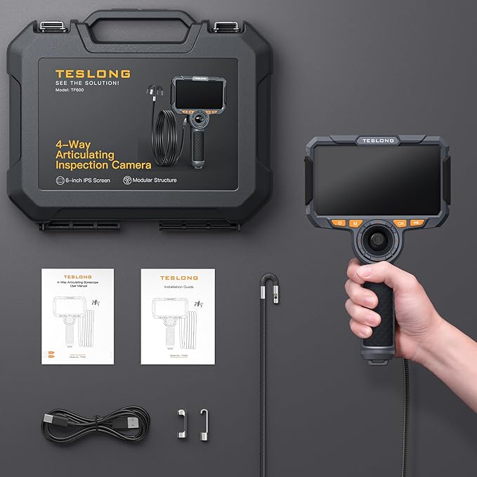Teslong Dual Lens 360 Articulating Borescope with 6” Monitor, Inspection Camera with 4-Way Joystick Articulation, HD Steerable Endoscope with Light, See in Wall Engine Hole Camera(0.24inch-5FT)