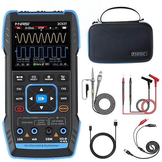 FNIRSI 2C53T Upgraded Handheld Oscilloscope, 50MHz Bandwidth, 250MS/s Sampling Rate, 20000 Counts, 3IN1 Digital Oscilloscope Multimeter DDS Generator, Voltage, Current, Capacitor, Resistor, Diode Test