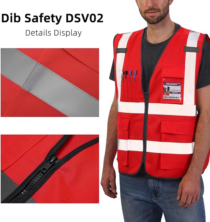 Dib Safety Reflective Vest High Visibility with Pockets and Zipper, Red S