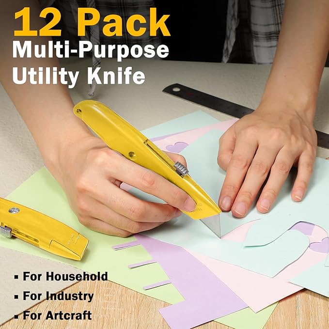Lasnten 12 Pcs Box Cutter Bulk Retractable Utility Knife Heavy Duty Aluminum Alloy Carpet Knife Package Opener Cutter Blade for Cardboard Plastics Cartons DIY Home Warehouse Office(Yellow)
