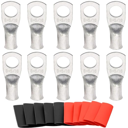 SVAAR 10pcs 8 AWG - 5/16'' Tinned Copper Cable Lugs Wire Lugs UL Listed 8 Gauge Ring Terminal Wire Lugs Battery Cable Ends Heavy Duty Closed End Crimp Connectors with 10pcs 3:1 Heat Shrink Tubings