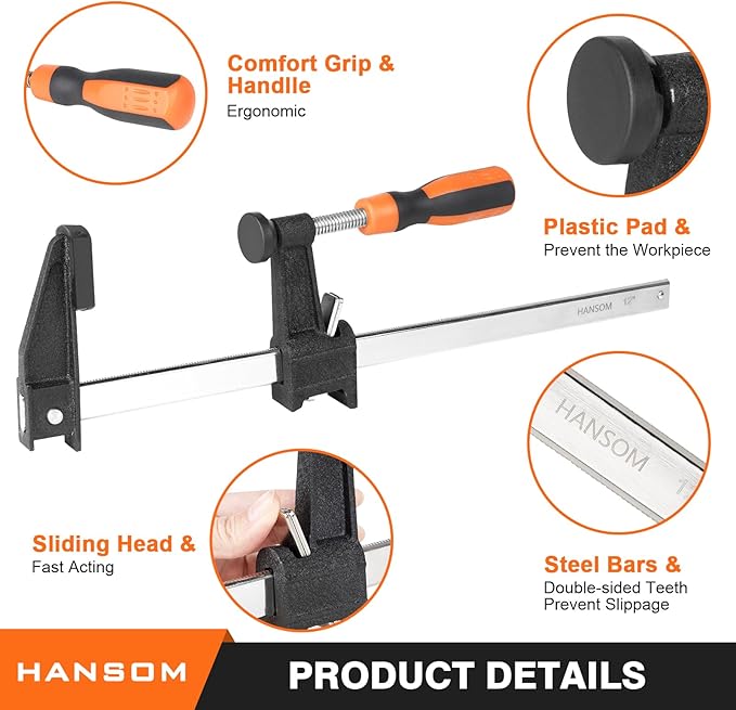 6-Pack Bar Clamps, 12' & 6' Heavy Duty, 600 Lbs Force, Adjustable, Quick Release, 2.5' Throat Depth, Plastic Handle