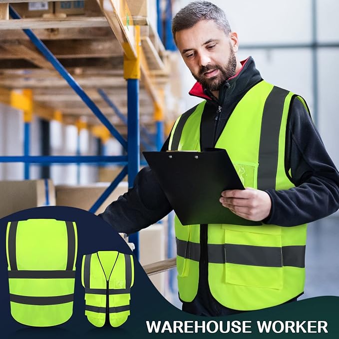 15 Pack Reflective Safety Vests with Pockets and Zipper Construction Work High Visibility Vest for Men Women(X-Large,Fluorescent Green)