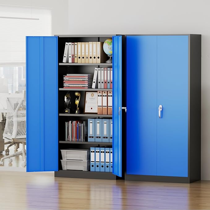 Pataku Metal Storage Cabinet, 72" Garage Cabinet with Doors and Shelves Lockable Steel Multifunctional Cabinets, File Cabinets for Home, Office, Warehouse(Black Blue)