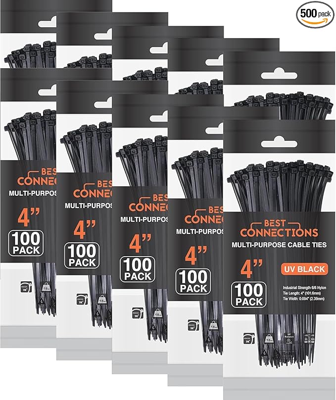 BEST CONNECTIONS Black Zip Ties – 500 Pack Cable Ties 4 Inch – Multi-Purpose Self-Locking Nylon Wire Ties with 18 Lbs Tensile Strength – Cable Management Ties for Outdoor & Indoor