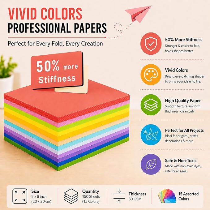 Origami Paper 8 x 8 Inch / 20x20 cm 150 Sheets Double Sided Paper | No-Fading - Image 6