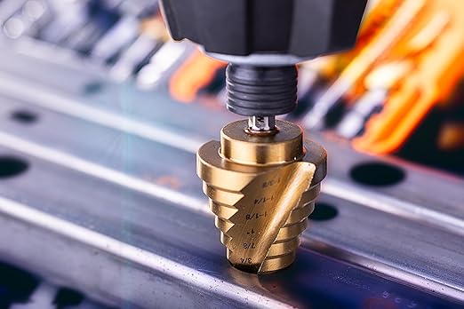 NordWolf HSS Titanium SAE Step Drill Bit, Spiral Groove Double Flute Unibit with 1/4" Hex Shank for Sheet Metal, 10 Imperial Step Sizes 1/4" to 1-3/8"