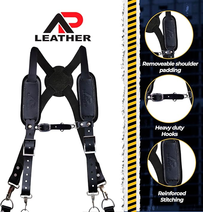 Tool Belt Suspenders – Heavy-Duty Adjustable Work Suspenders with 4 Detachable D-Loop for Construction Tool Belt (Black)