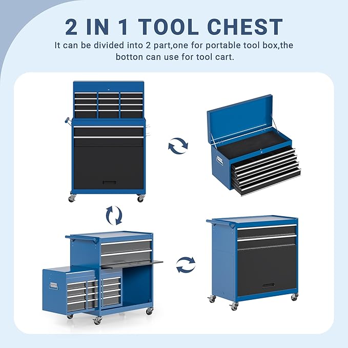 8-Drawer Tool Chest, Rolling Tool Storage Cabinet with Enhanced Packaging, Detachable Top Tool Box with Tray Divider, Liners, Metal Tool Cart for Garage Workshop, Blue