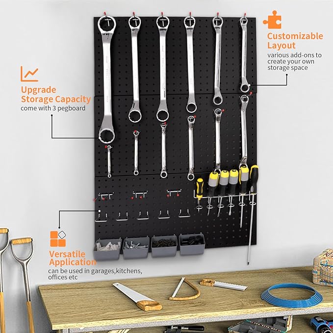 Pegboard Wall Organizer Metal Pegboard Panels Garage Peg Board Tool Organization, 3 Pack 24x12 inch Garage Peg Boards for Wall, Large Steel Black Pegboard Tool Board