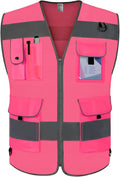 TCCFCCT Mesh Pink Safety Vest for Men Women 9 Pockets High Visibility Reflective Vest for Safety, Work Vest with Reflective Strips, Meets ANSI/ISEA Standards, Large