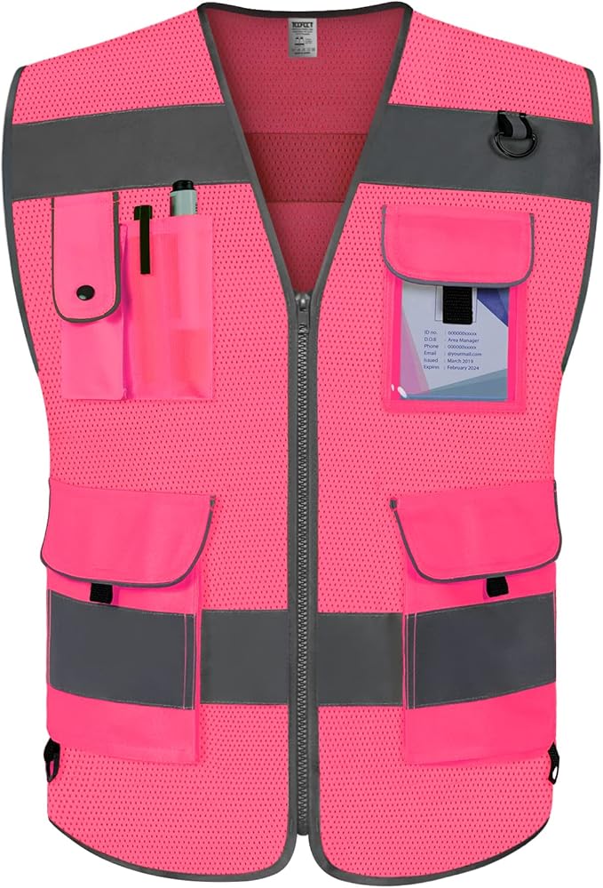 TCCFCCT Mesh Safety Vest for Men Women 9 Pockets High Visibility Reflective Vest for Safety, Work Vest with Reflective Strips, Meets ANSI/ISEA Standards, (Pink, X-Large)