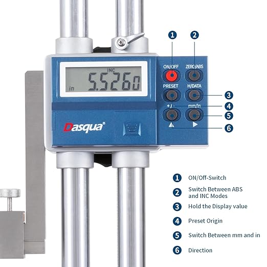 Dasqua 24"/600mm Double Beam Digital Height Gauge with Feed Wheel, Heavy Duty Cast Iron Base with Carbide-Tipped Scriber, Accuracy: ±0.0019"/0.05mm, Resolution 0.001"/0.01mm