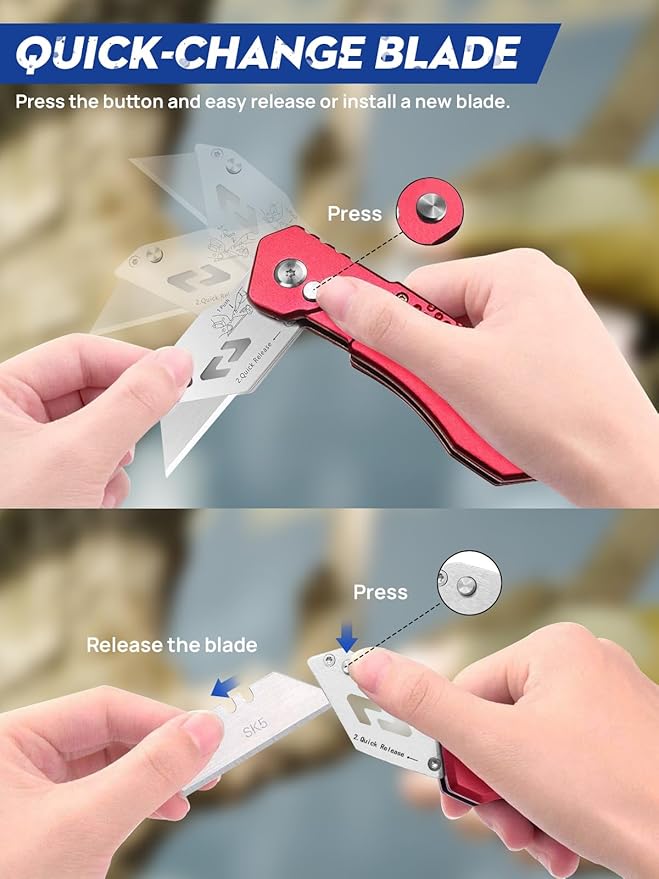 Utility Knife, BIBURY Upgraded Version Heavy Duty Box Cutter, Pocket Carpet knife with 10 Replaceable SK5 Stainless Steel Blades, Belt Clip, Easy Release Button, Quick Change and Safety Lock-Red