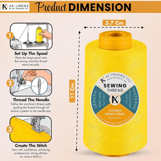 AK TRADING CO. 4-Pack Dark Yellow All Purpose Sewing Thread Cones of High - Image 2