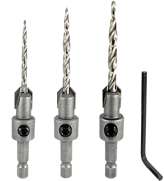 Wood Countersink Drill Bit Set #4#6#8 Set Countersink HSS M2 Tapered Drill Bits, Quick Change Hex Shank Countersink Bit, 1 Stop Collar, 1 Allen Wrench, Countersink Drill Bit for Woodworking