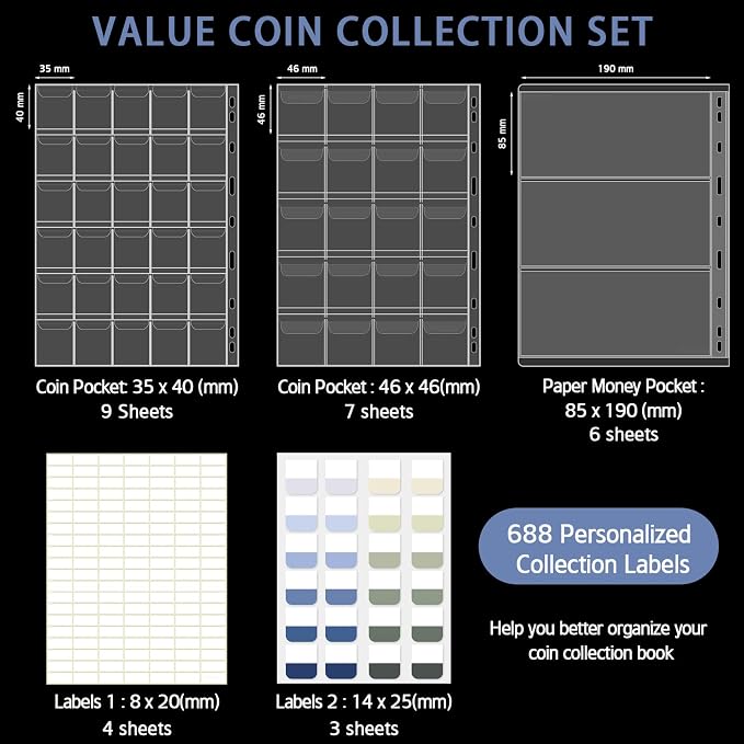 Coin Collection Album Holder for Collectors, 1403 Personalized Collection Labels - Image 3