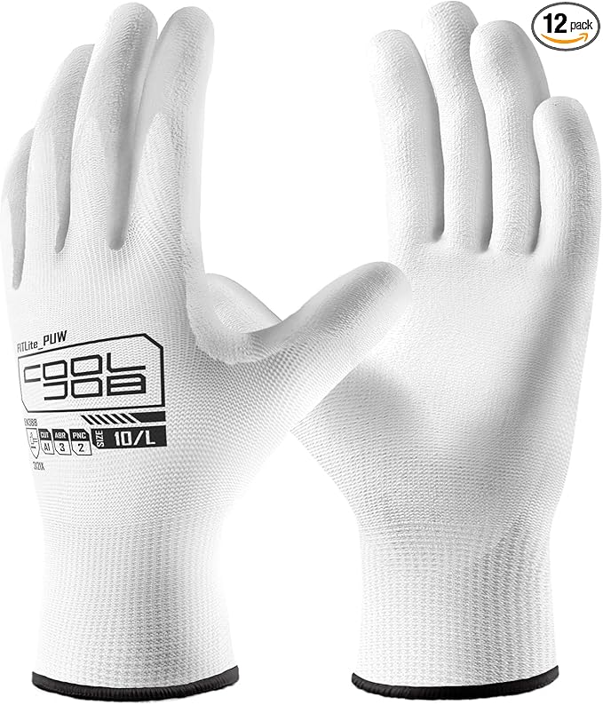 COOLJOB 12/60 Pairs Safety Work Gloves Pack Bulk with Grip PU Coating, 13 Gauge Seamless Knit Gloves with Polyurethane Dipped for Warehouse Working, Breathable Lightweight for Men Women, White Xlarge