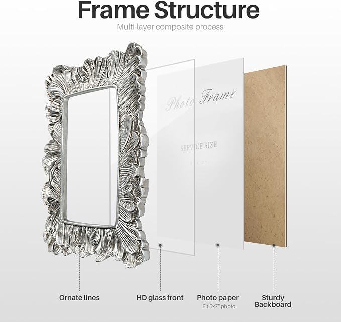 Cuspin 5x7 Picture Frame Silver Frames, Vintage Elegant Palm Leaves Textured - Image 7