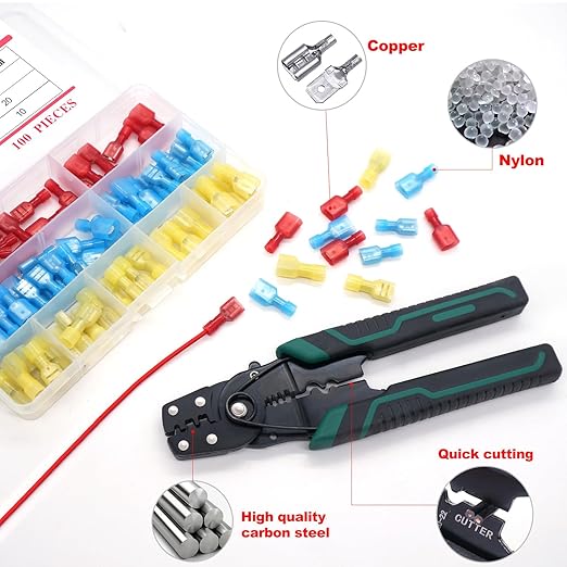 Twidec/100PCS Nylon Spade Connectors Kit 22-10 Gauge Quick Disconnect Fully Insulated Male and Female Wire Spade Terminal Assortment Kit and Wire Crimper Tool with Stripper Cutter