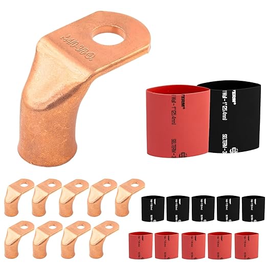 SELTERM 10pcs - 4/0 AWG 3/8" Stud - 90° Bent Battery Lugs - Ring Terminal Connectors with 12pcs 3:1 Black & Red 1" Heat Shrink Tubing - Heavy Duty Battery Cable Ends - Bare Copper Wire Connectors Kit