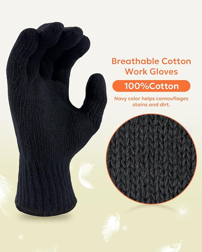 Evridwear Cotton Polyester String Knit Shell Safety Protection Work Gloves for Painter Mechanic Industrial Warehouse Gardening Construction Men & Women 12 Pairs, no Dots, Navy,Large