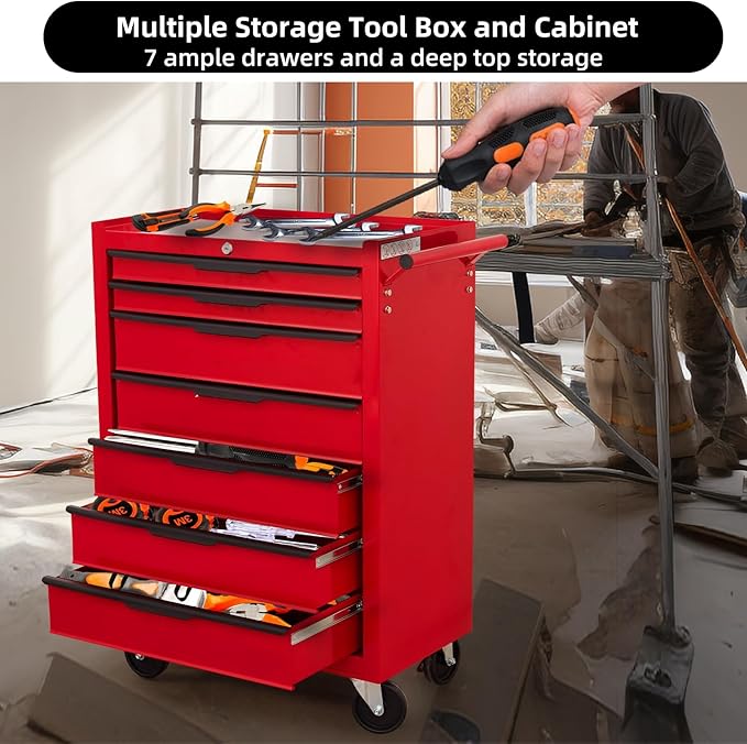 7-Drawer Rolling Tool Chest Cabinet, Large Capacity Metal Tool Box with Wheels and Keyed Locking, Roll Around Storage Organizer Tool Cart for Garage, Warehouse, Work Shop (Red)