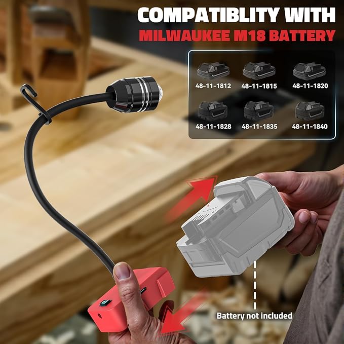 LIVOWALNY LED Work Light Compatible with Milwaukee Battery, 2PCS 20W 2000LM LED Flood Light with 12" Flexible Gooseneck and USB-A & Type-C Charging Port, Low Voltage Protection Flashlight (No Battery)