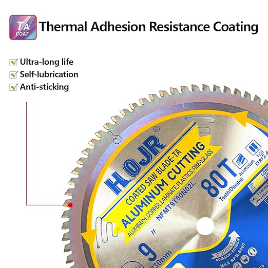 Aluminum Cutting Circular Saw Blade, Medium Aluminum,The Cutting Head uses a Special Anti-Heat Sticking Coating with high Finish and Long Life,NFM 9 inch 80-Tooth 1" -TA