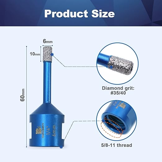 1/4 Inch Diamond Core Drill Bit for Porcelain Tile Ceramic Marble Granite Drilling,BRSCHNITT 5pcs Vacuum Brazed Diamond Hole Saw with 5/8-11 Thread (6mm 5pcs)