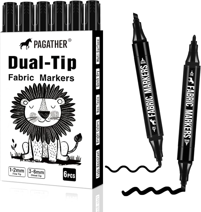 Fabric Markers Permanent for Clothes, 6 Pack Black Dual Tip by Pagather