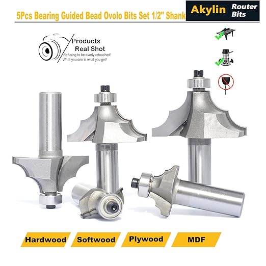 5Pcs Bearing Guided Bead Ovolo Bit Set,1/2" Shank Double Ribbed Ovolo Bits with Twin Arc,Rounding Over Radius 1/8”,5/32",9/32",5/16" and 3/8" for Wood Edging,Profiling,Molding