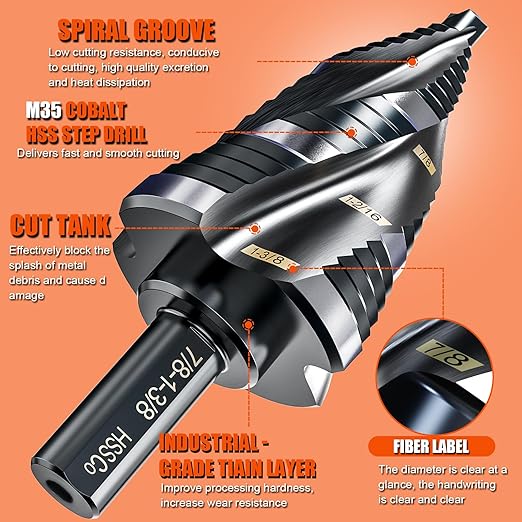 Four Spiral Flute Step Drill Bit for Metal,M35 Cobalt Unibit Step Drill Bit Set 1/4" - 1-3/8"(19 Sizes),Wear-Resistant AlTiN Coated,3/8" Hex Shank for Metal, Stainless Steel, Aluminum, Plastic