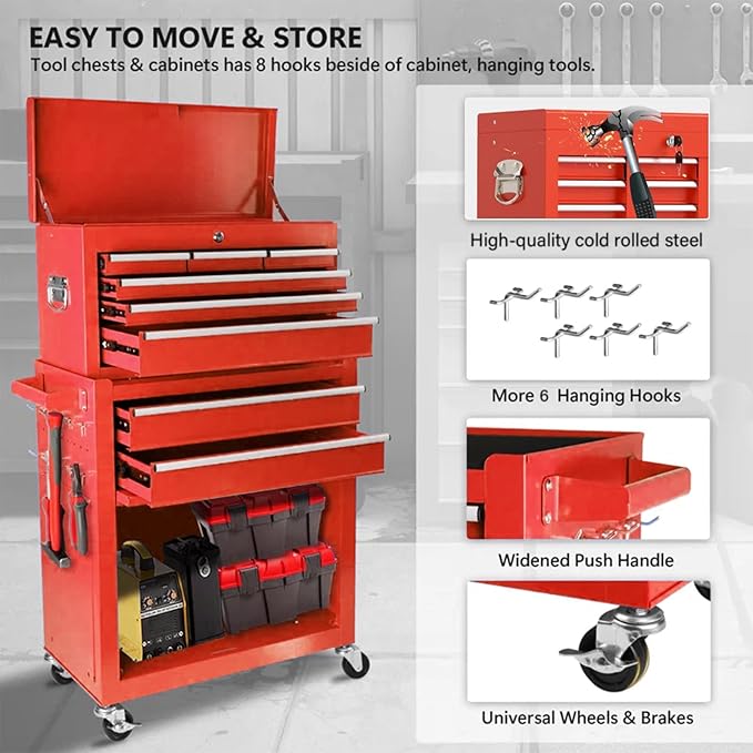 Rolling Tool Chest with Wheels, 8-Drawer Tool Box Organizer with Lock, Detachable Top Cabinet, Sliding Drawers, Tool Storage Cabinet for Garage & Workshop, Red