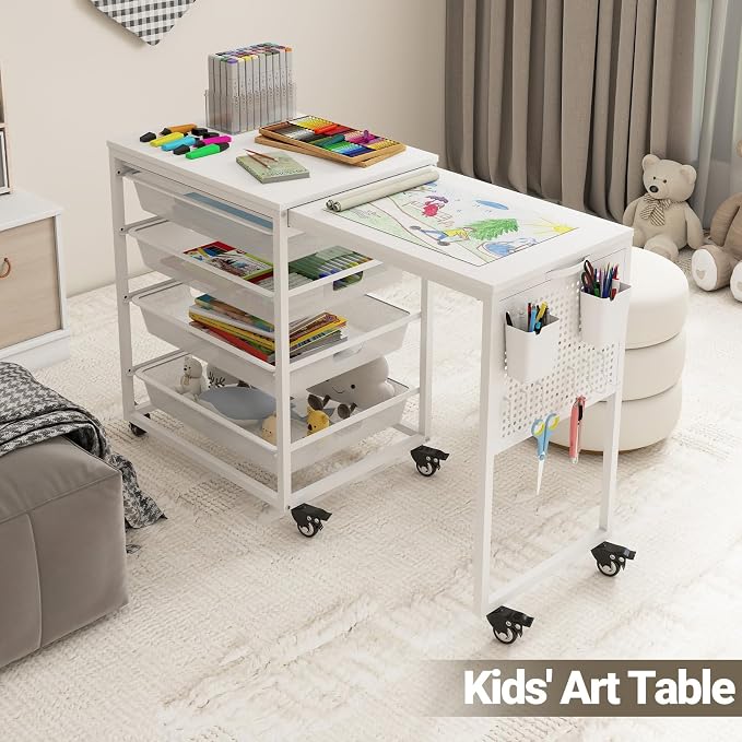 Craft Table with Wheels & Drawer, Extendable Cart with Pegboard, Arts and - Image 8