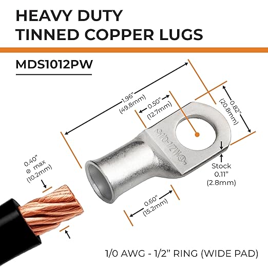 SELTERM 10pcs 1/0 AWG-1/2 Stud (Wide Pad) Tinned Copper Wire Lugs, Heavy Duty Battery Cable Ends,0 Gauge Ring Terminals, UL Battery Lugs Marine Grade Copper Eyelets Battery Terminal Connectors