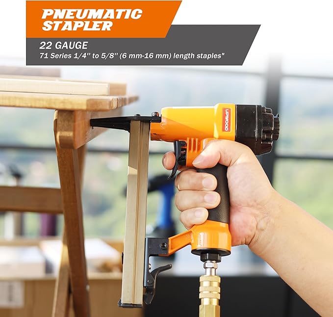 7116LN Air-Powered Staple Gun 22 Gauge Stapler, Pneumatic Oil-Free Upholstery Stapler, top Exhaust, for Woodworking, Professional and DIY Projects