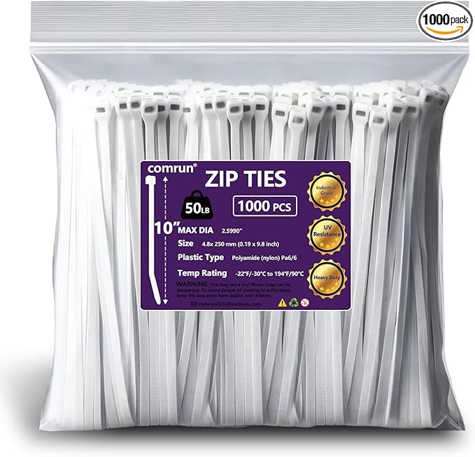 1000pcs 10Inch Nylon Zip Ties, 50 Pounds Tensile Strength, Industrial Grade, White Cable Tie, UV Resistant,Heavy Duty,for Home,Garden Trellis,Office,Garage and Workshop