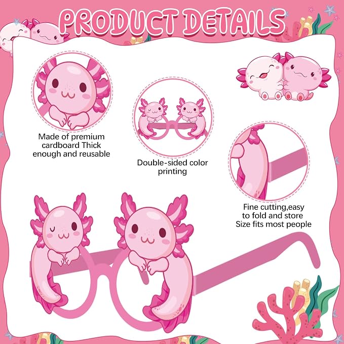 Pajean 36 Pcs Axolotl Birthday Decorations Eyeglasses Pink Axolotl Themed Paper - Image 3