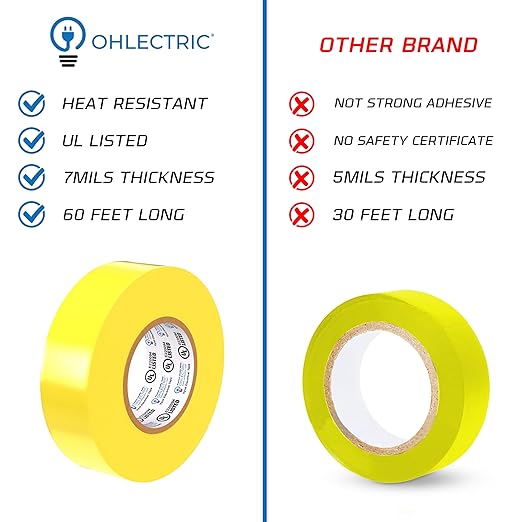 OHLECTRIC Professional Grade Vinyl Electrical Tape (10 Pack) Yellow - 7 Mil Thick Flame-Retardant, Heat & Weather Resistant 3/4 Inch x 60 Feet | Ideal for Contractors & Electricians