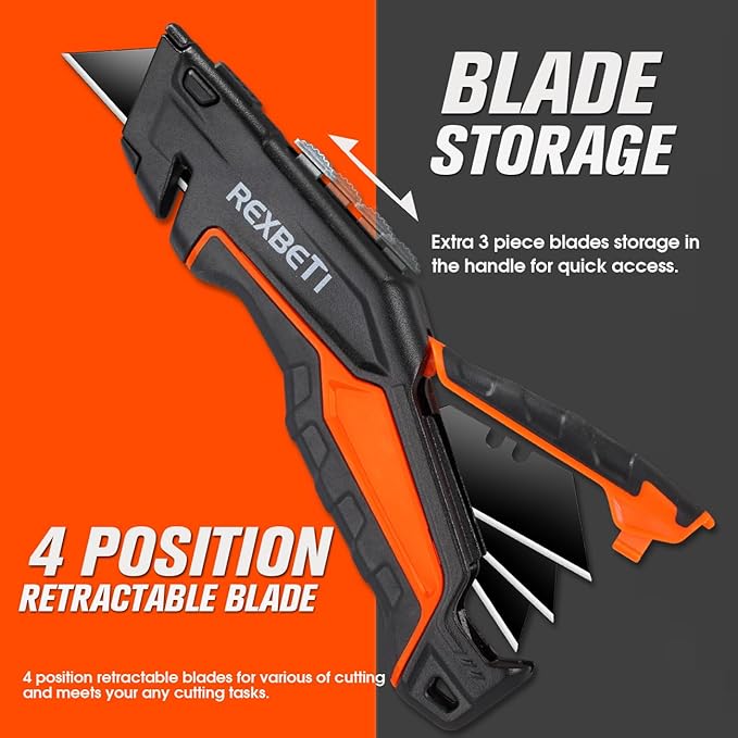REXBETI 6 Pack Retractable Folding Utility Knife, SK5 Heavy Duty Box Cutter for Cartons, Cardboard and Boxes, Blade Storage Design, Extra 20 Blades Included