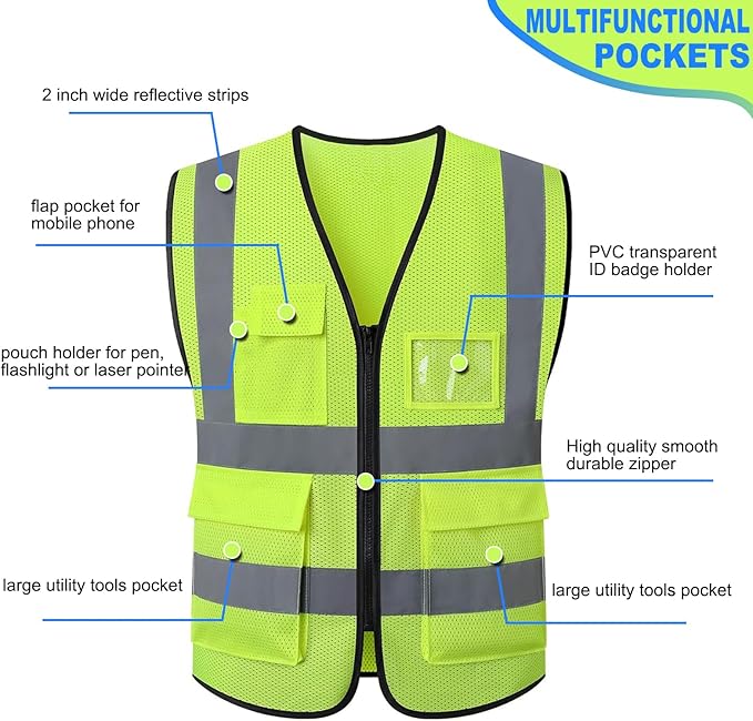 Reflective Safety Vest Bulk Construction Worker Costume Utility High Visibility Vest with Pocket,for Men Women-L size